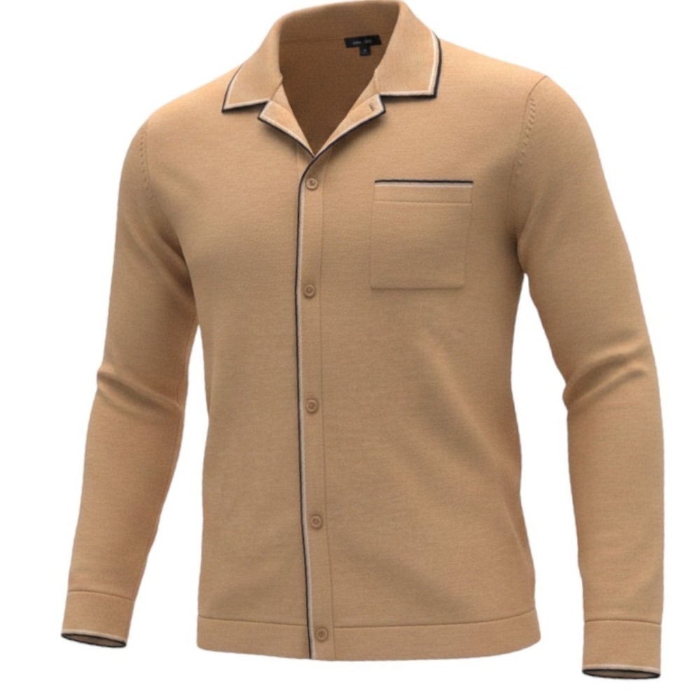 Express Men's Camel Tan Knit Shirt Jacket Cardigan 60% Cotton Piped Camp Collar